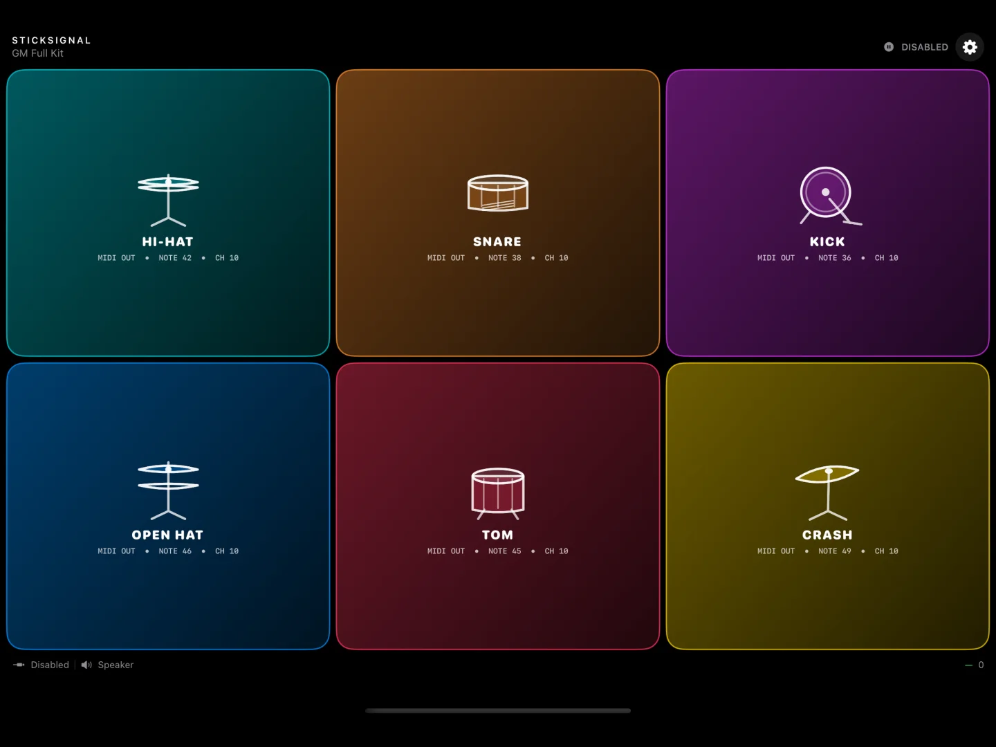 StickSignal on iPad showing six expressive drum pads