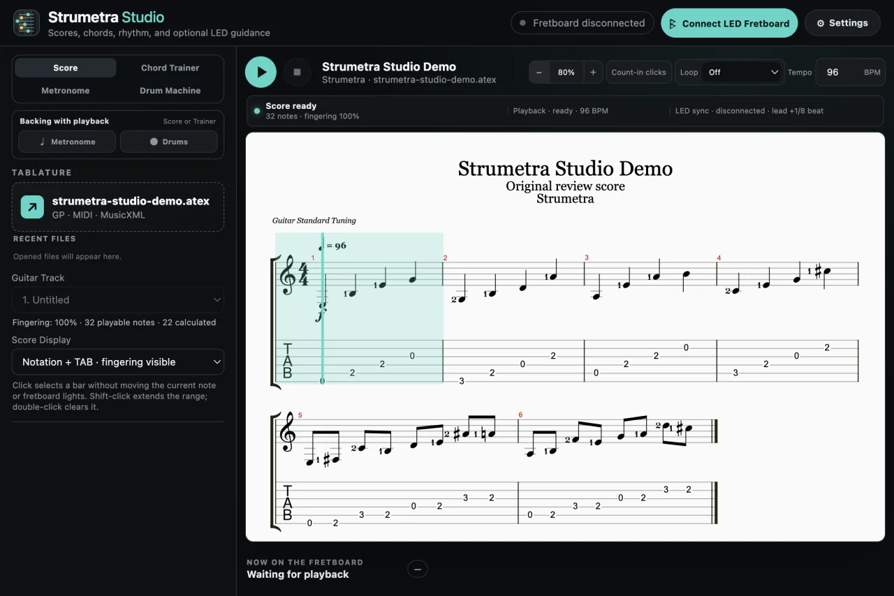 Strumetra Studio showing notation, tablature and practice controls